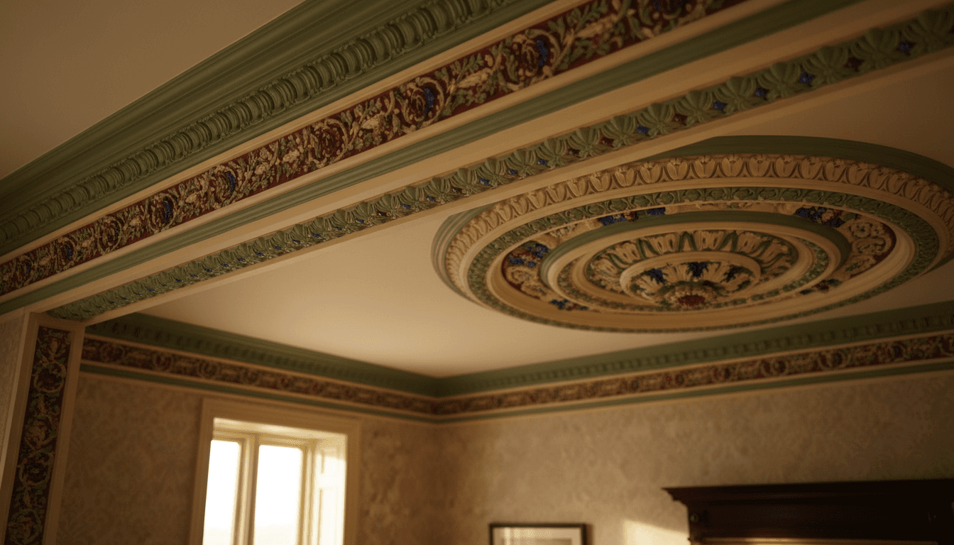 Restored Victorian crown molding and ceiling detail with heritage paint finish